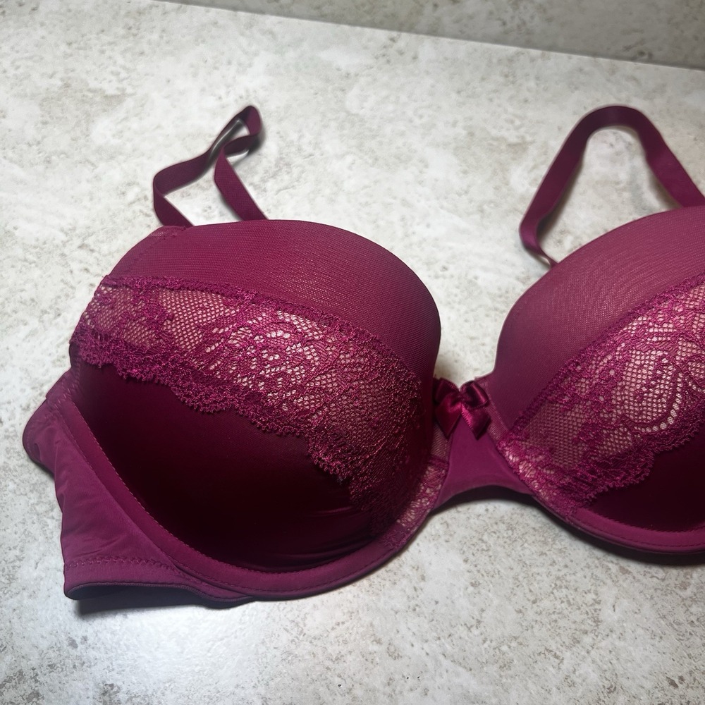 Adore Me Lace Bra Size 34D Maroon Red Padded Underwire Bow Plunge EUC